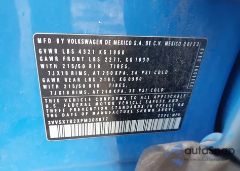 2023 Volkswagen Taos 1.5T Se из США, поврежденный, VIN 3VVSX7B2XPM308877